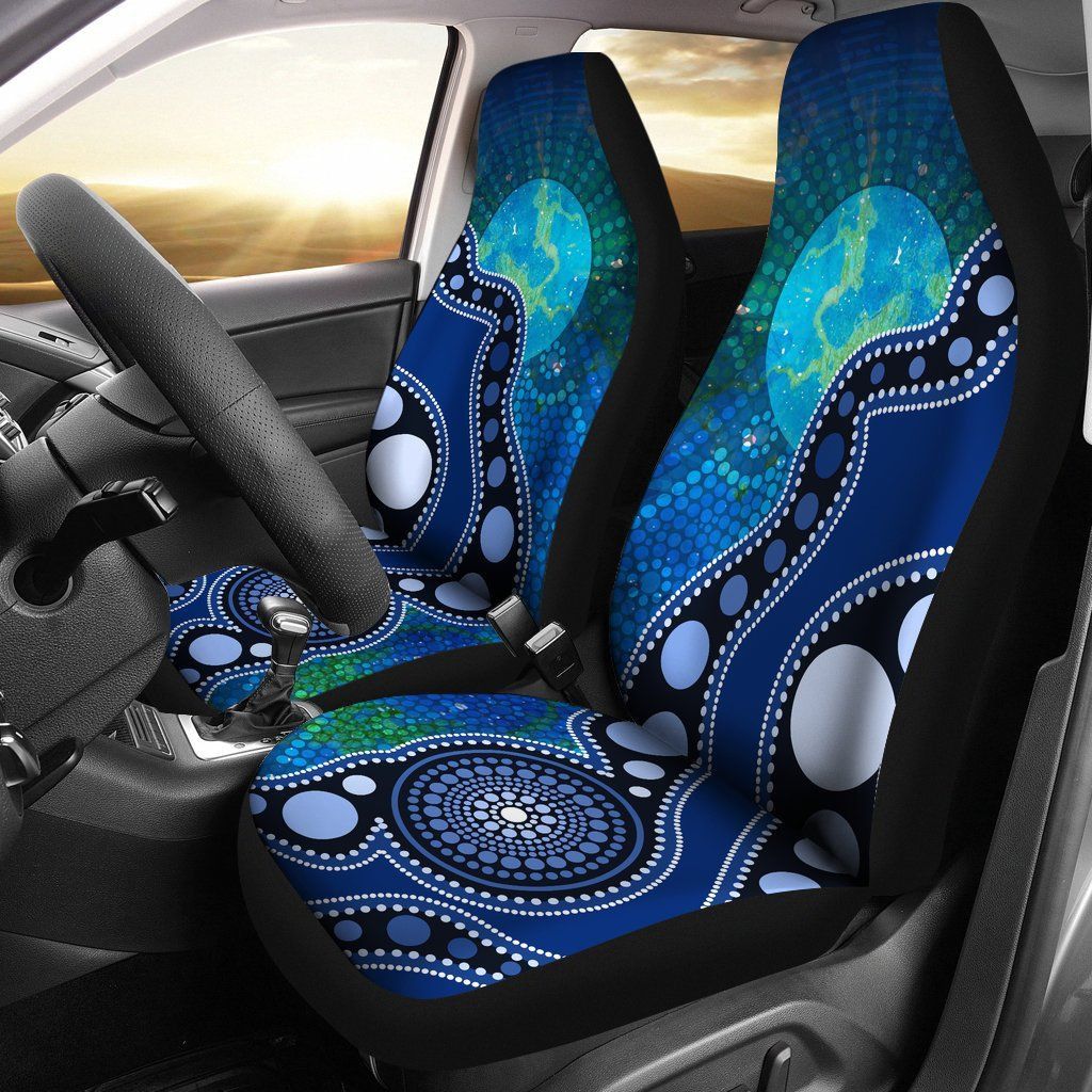 Blue dot-painting Aboriginal car seat covers fitted to front seats