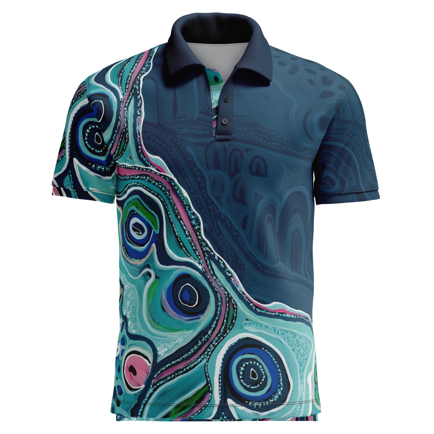 Bila Ngurambang Aboriginal art unisex polo by Wiradjuri artist Maria Watson-Trudgett