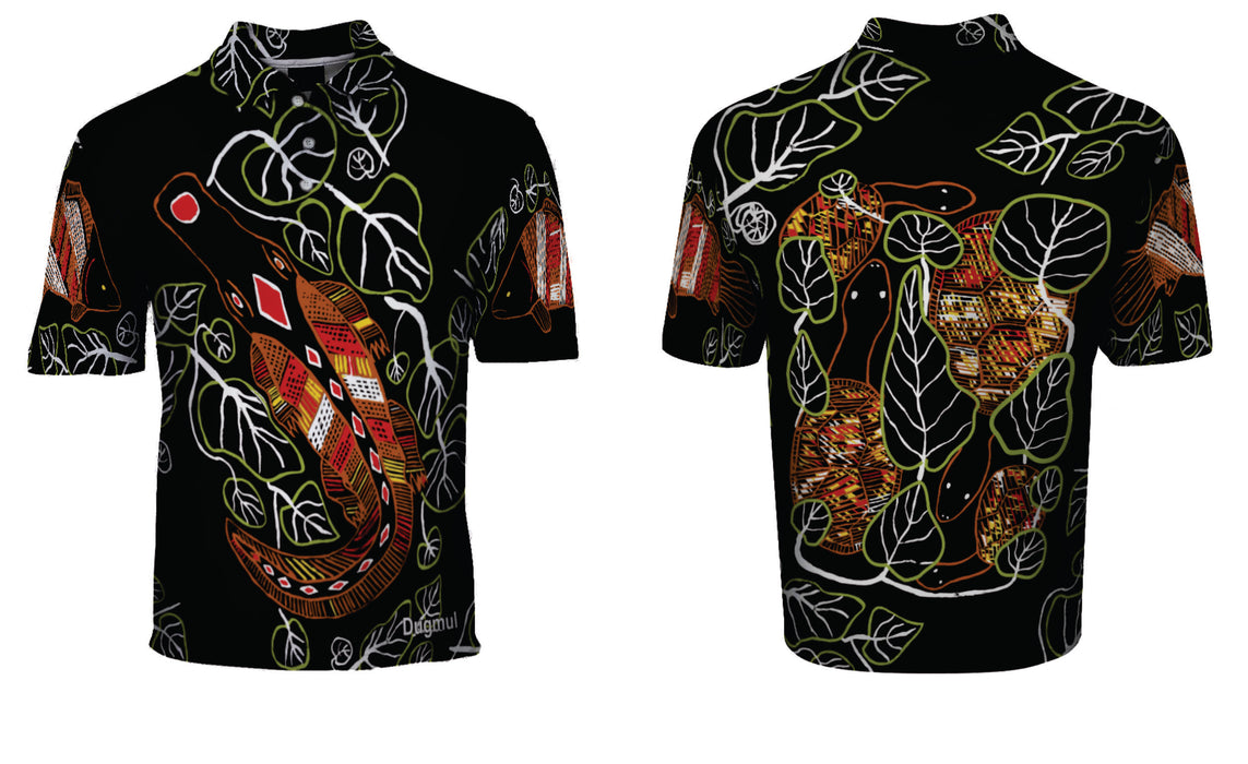 Aboriginal art polo shirts featuring Graham Kenyon Dugmul croc, barra and turtle designs