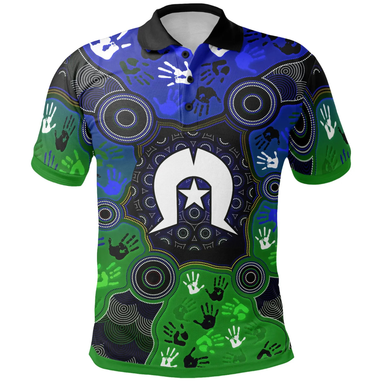 Aboriginal polo shirt with Torres Strait symbol and Indigenous patterns