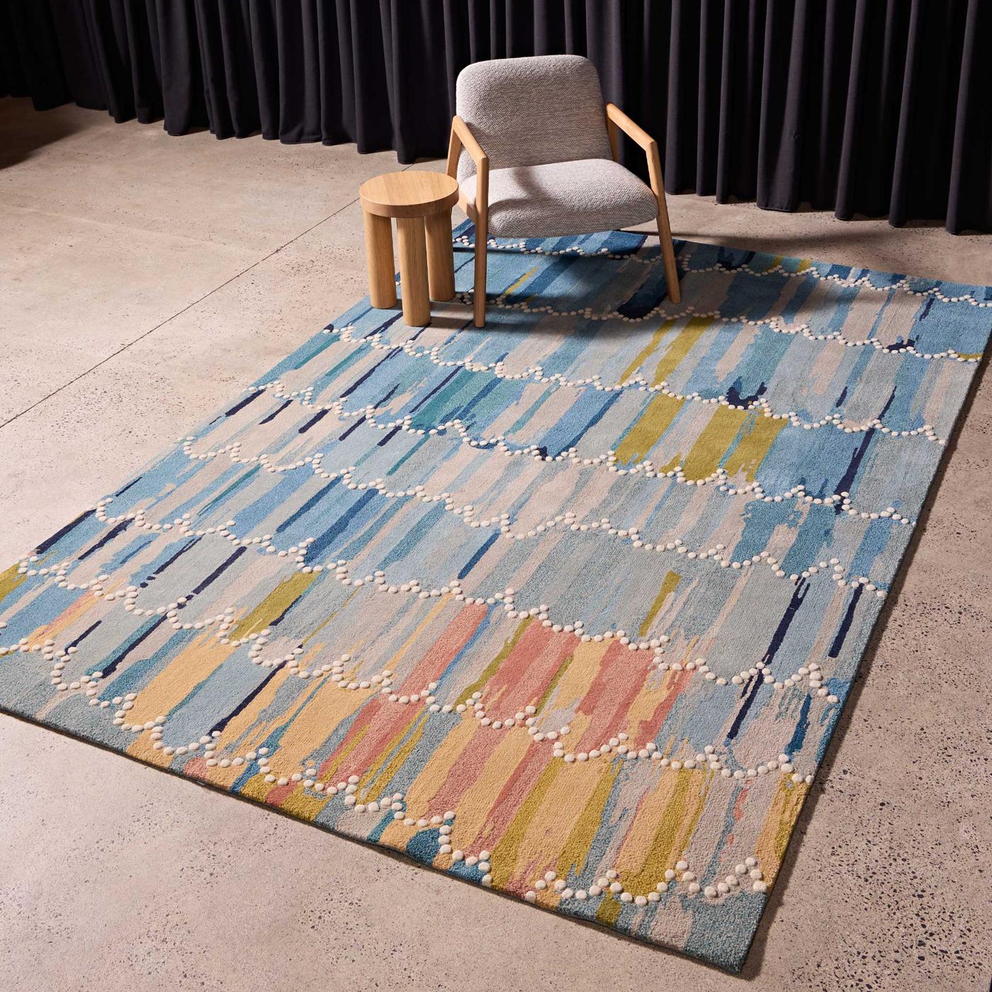 Sweet Rain Indigenous wool rug design by Lizzy Stageman